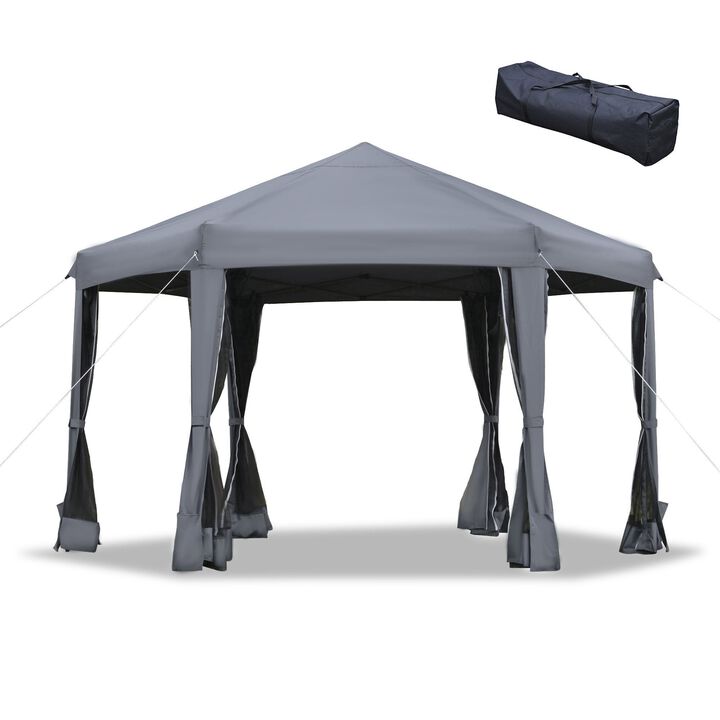Grey Outdoor Shelter: 13'x13' Heavy Duty Hexagonal Pop Up Canopy with Mesh Walls