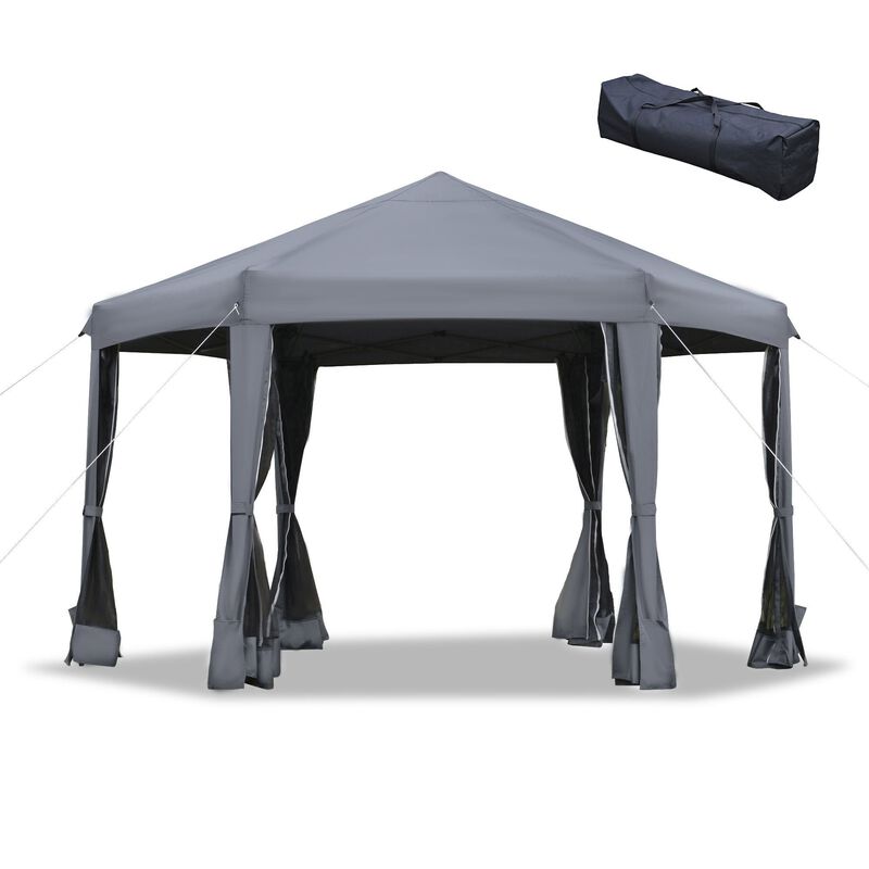Grey Outdoor Shelter: 13'x13' Heavy Duty Hexagonal Pop Up Canopy with Mesh Walls