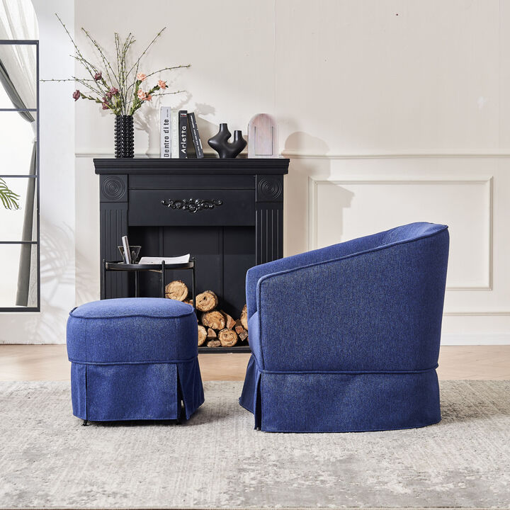 Blue Swivel Barrel Chair Set with Ottoman & Metal Base