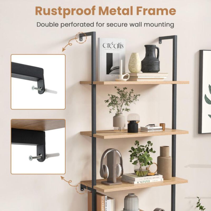 Hivvago 71 Inch 6-Tier Wall Mounted Ladder Bookshelf with Rattan Cabinet-Natural