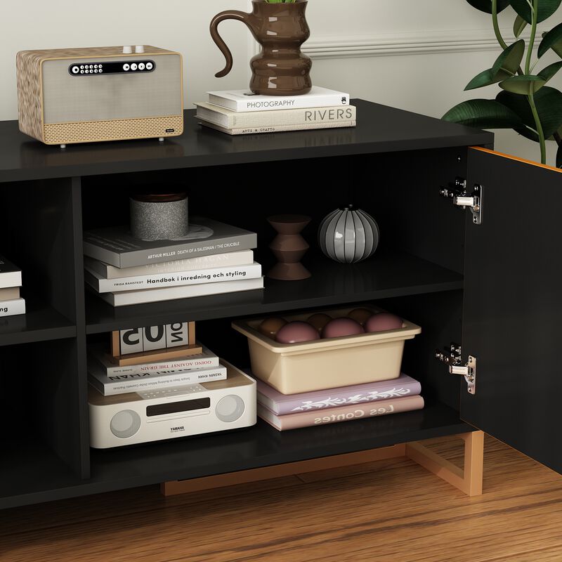 FUFU&GAGA Modern Black TV Stand with Gold Trim, Metal Handles & Base – Entertainment Center for TVs up to 75" (70.9"W x 15.7"D x 20.9"H), Black