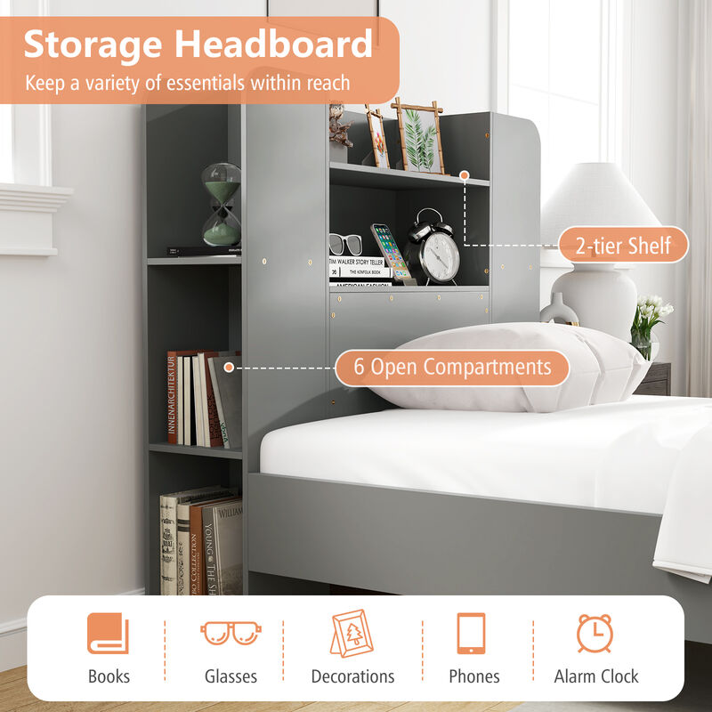 Wooden Platform Bed Frame with Bookcase Headboard