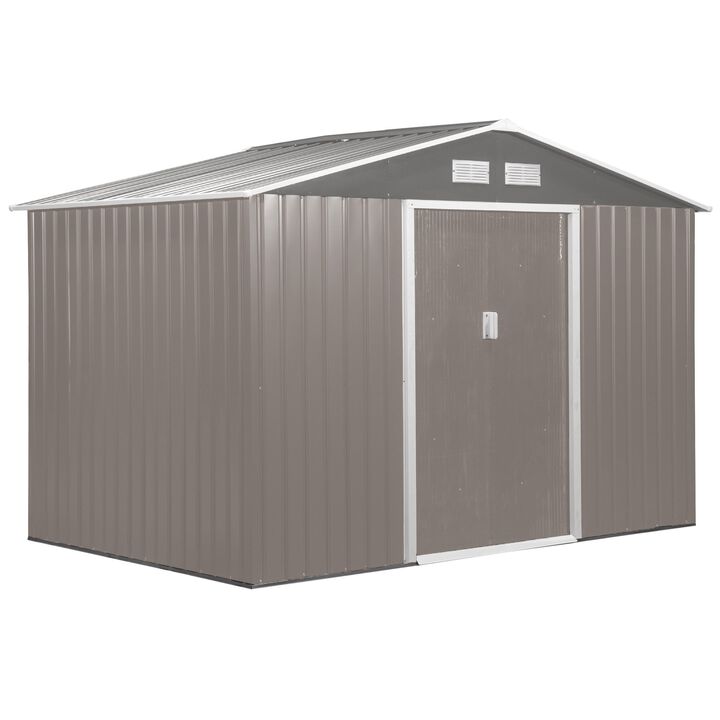 Spacious Tool Haven: 9x6 Grey Metal Storage Shed with Sliding Doors
