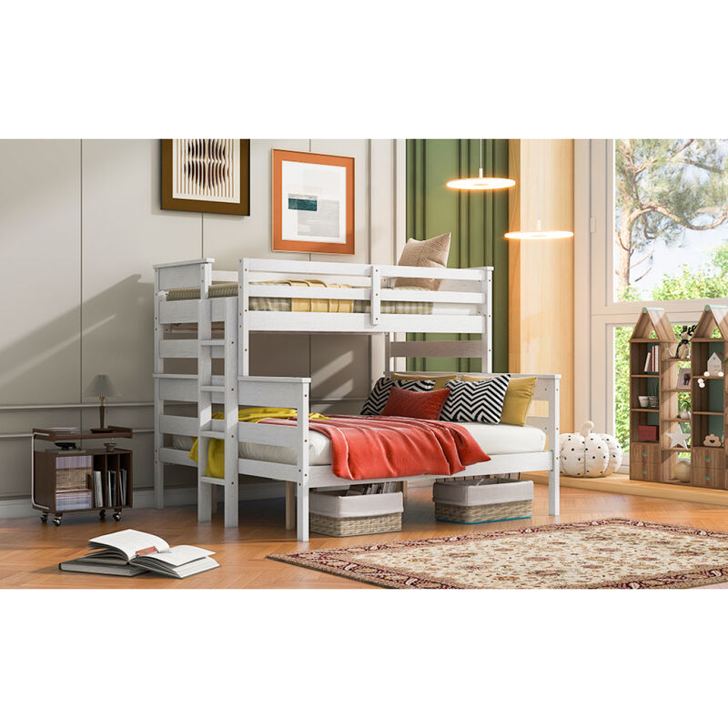 Wood Twin XL Over Queen Bunk Bed With Ladder, White