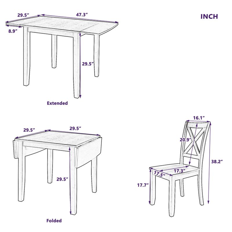 MONDAWE 3-Piece Wood Drop Leaf Breakfast Nook Dining Table Set with 2 X-back Chairs for Small Places,Dining Room,Kitchen