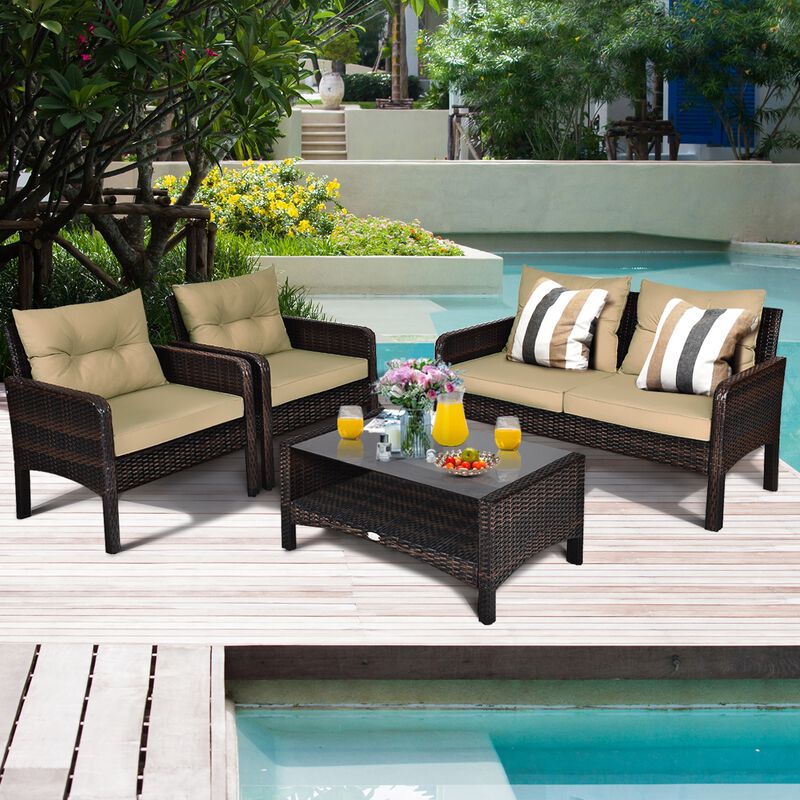 4 Pieces Outdoor Rattan Wicker Loveseat Furniture Set with Cushions
