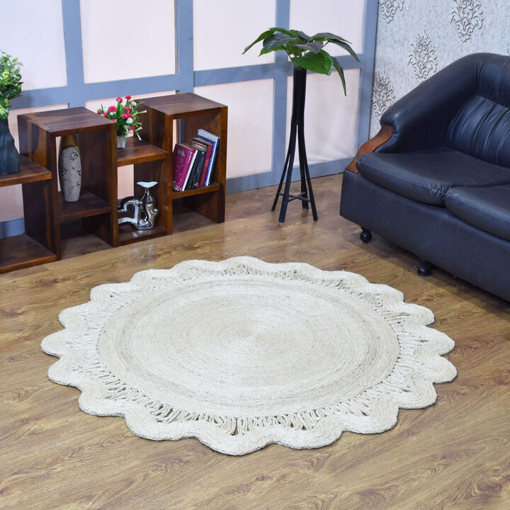HAND WOVEN JUTE ECO-FRIENDLY Oriental AREA RUGS - 4'x4', Round Shape, White Color, Oriental Pattern, High Pile, Natural Fiber, Outdoor Indoor Handmade Area Rugs for Living Room, Bed Room (J00074)