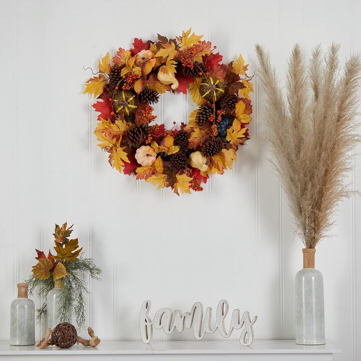 Hivvago 26" Fall Pumpkin, Gourd, Pinecone and Maple Leaf Artificial Autumn Wreath