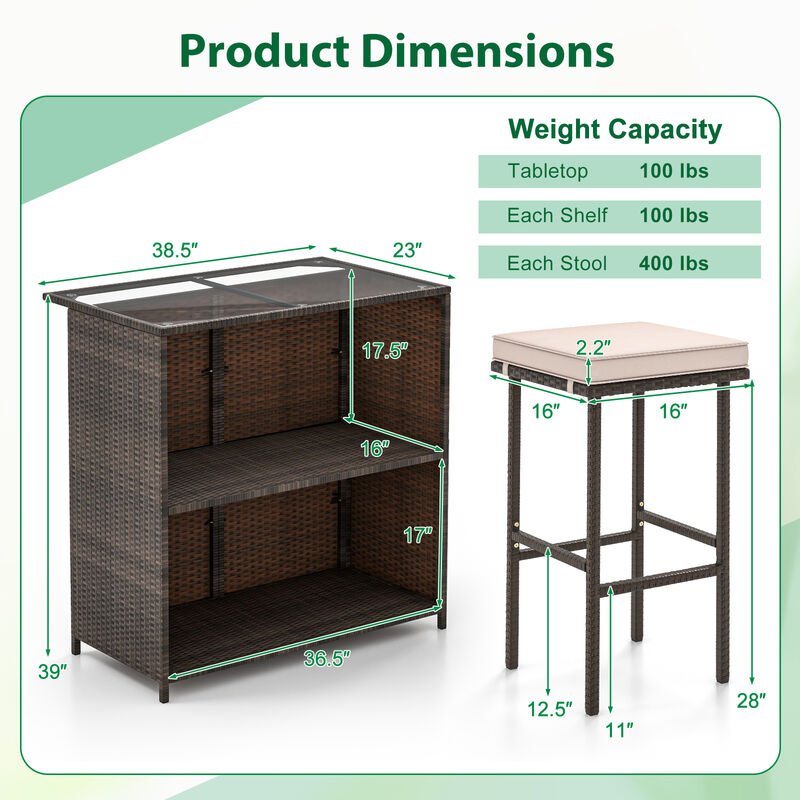 3 Pcs Patio Bar Set with Tempered Glass Tabletop