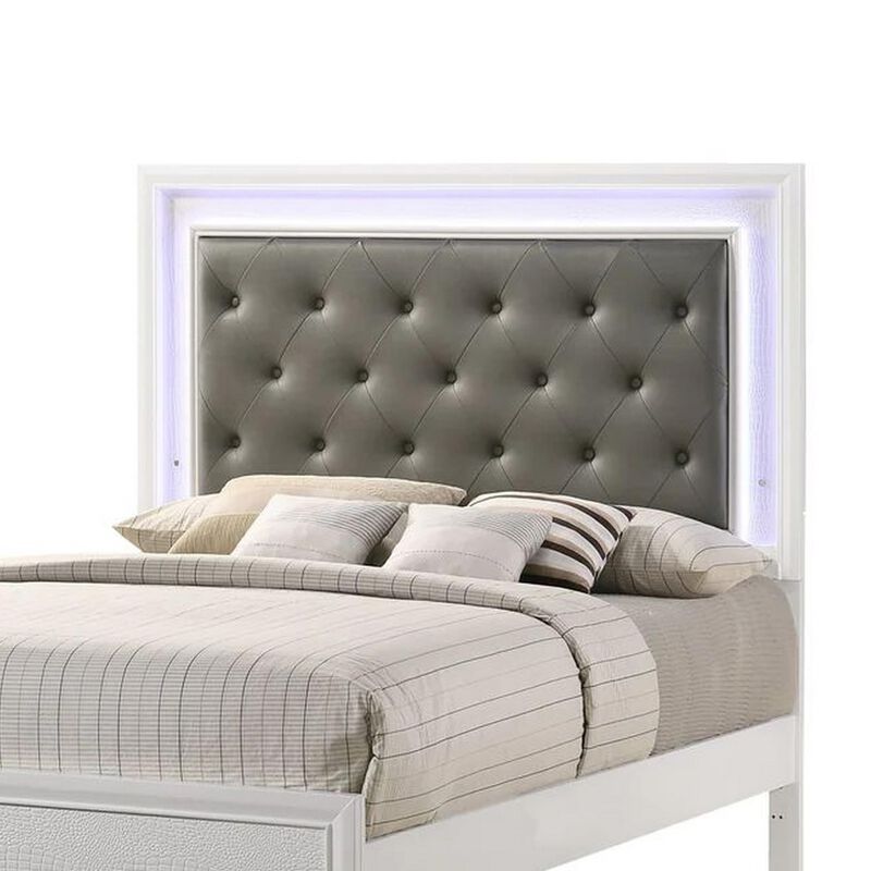 Benjara Lise Queen Size Bed, Fabric Upholstery, LED Lit, Modern Wood, White and Gray