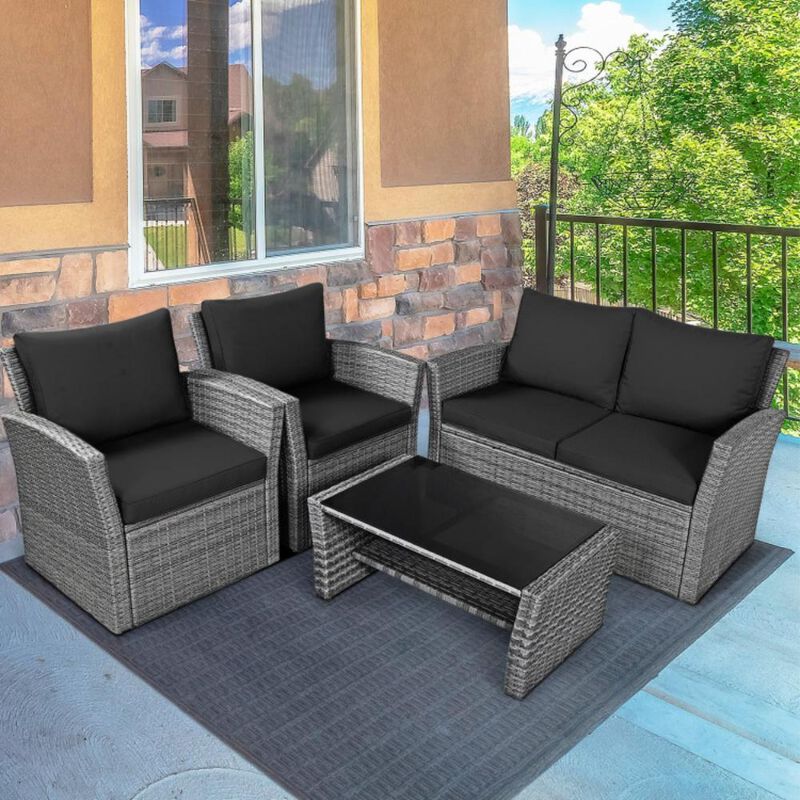 Hivvago 4 Pieces Patio Rattan Furniture Set Sofa Table with Storage Shelf Cushion