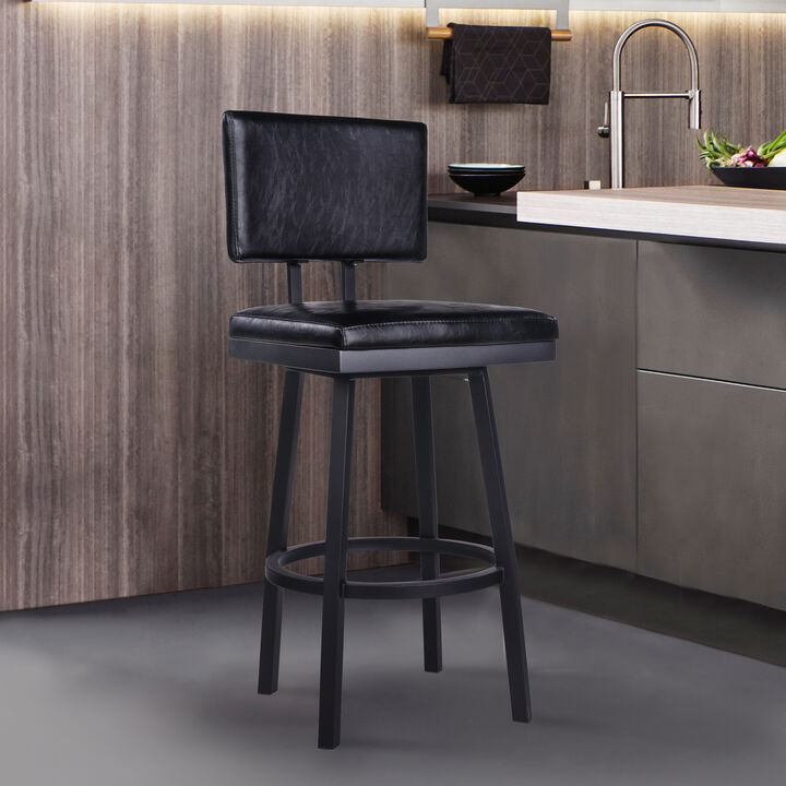 Balboa  Counter Height Swivel Vintage Black Faux Leather and Metal Bar Stool with Arms