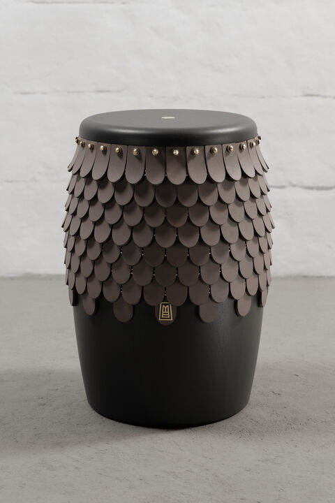 SITIERA_01 Solid Wood Stool, with Brown Thick Leather Accents, and Aged Bronze by ANDEAN, In Stock