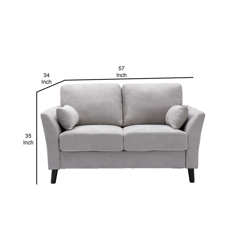 Otto 57 Inch Loveseat, Throw Pillows, Padded Cushions, Gray Velvet Fabric-Benzara