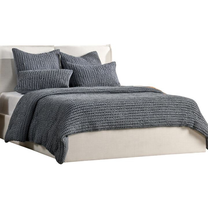 Cae King Size Quilt, Marina Blue Cotton Extra Soft Belgian Flax Linen - Benzara