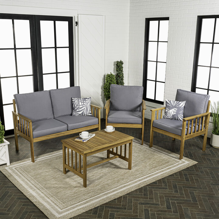 Everly 4-Piece Modern Cottage Acacia Wood Outdoor Patio Set with Cushions and Tropical Decorative Pillows