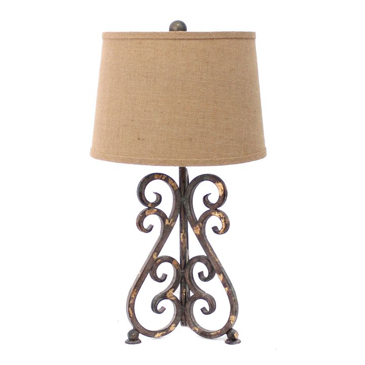 Metal Table Lamp with Scroll Design Base and 2 Way Switch,Bronze and Beige-Benzara