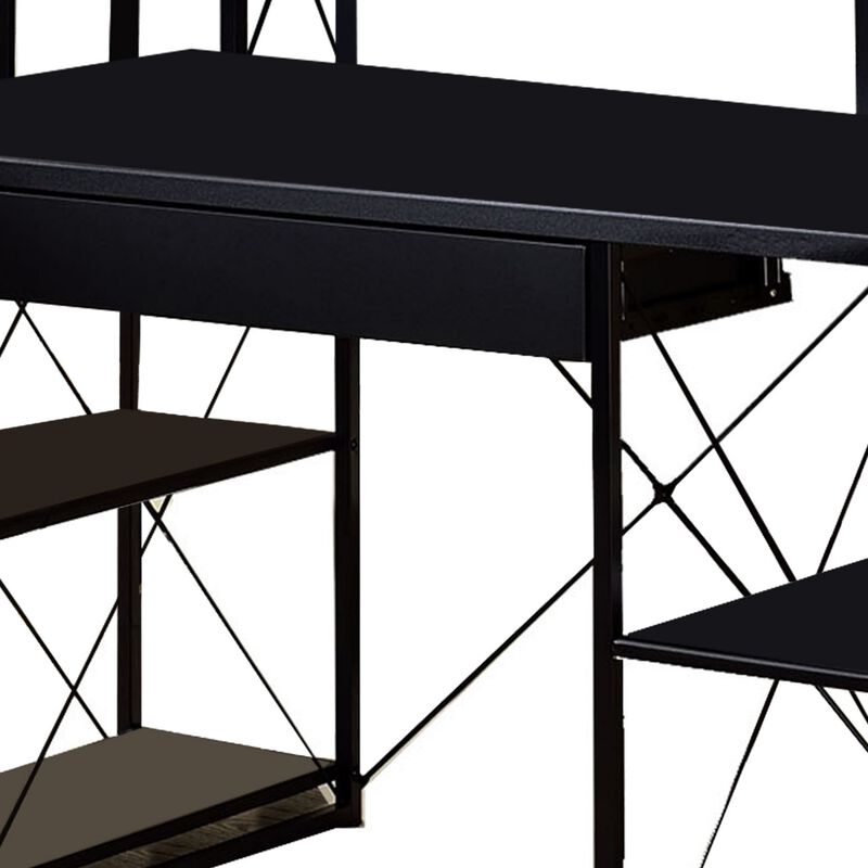 Industrial Style Desk with 4 Open Selves and Bookcase Hutch, Black-Benzara