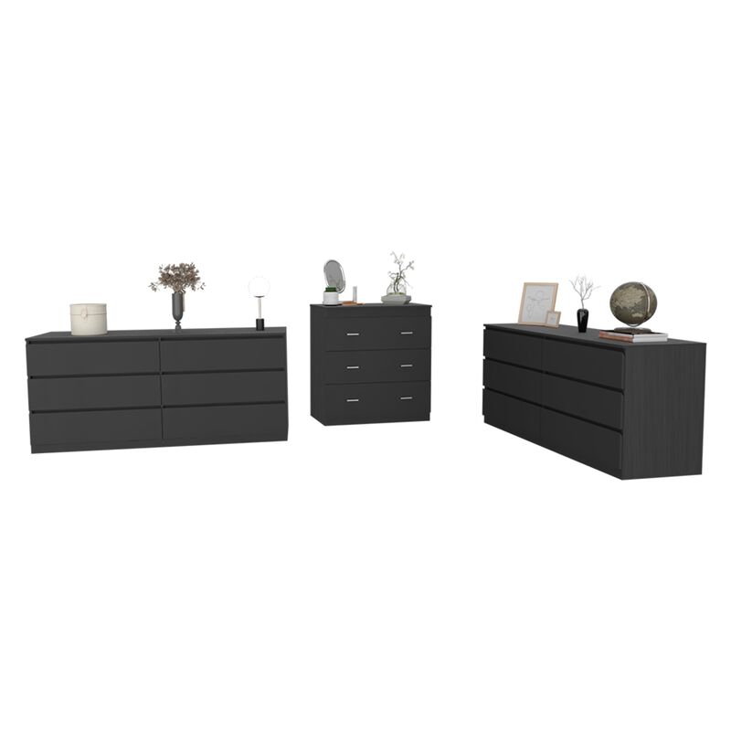 DEPOT E-SHOP Medway 3 Piece Bedroom Set, 2 Cocora 6 Drawer Double Dressers + Capri Three Drawer Dresser, Black