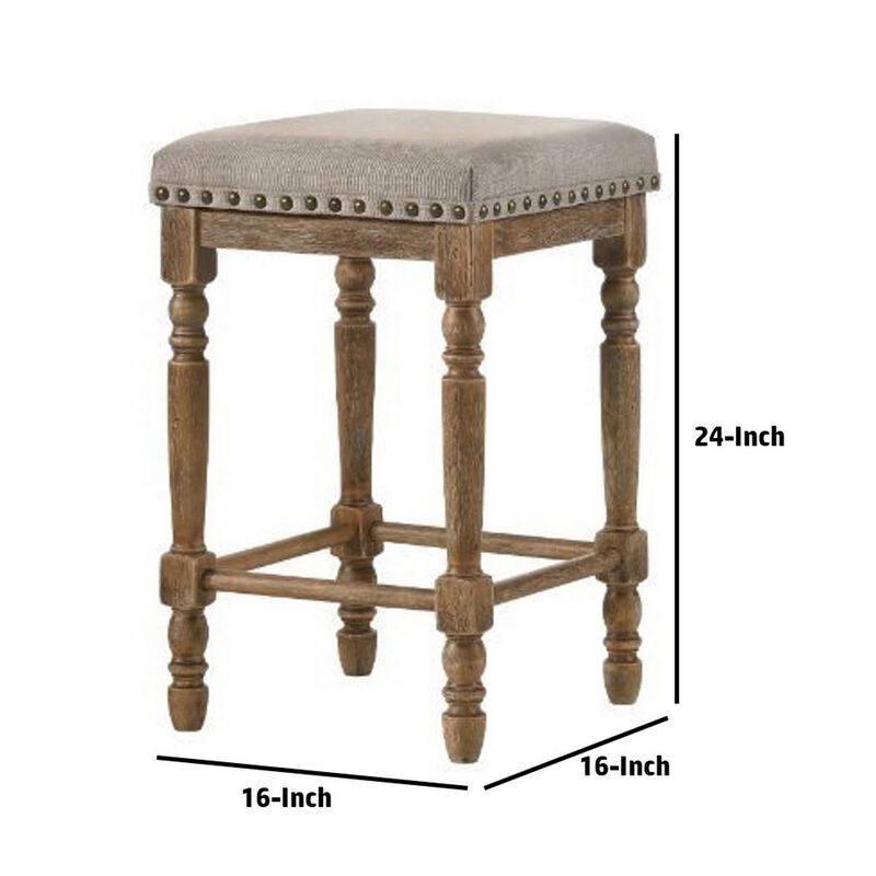 24 Inch Classic Wood Counter Height Stool, Upholstered, Set of 2, Gray-Benzara
