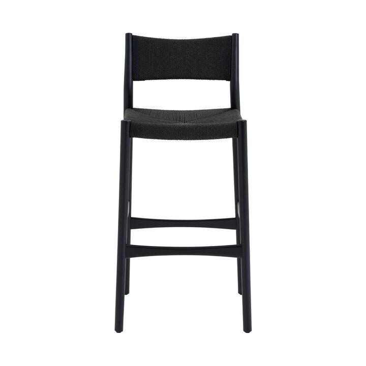 Rie Counter Stool Chair, Danish Inspired Panel Back, Black Woven Paper Cord - Benzara