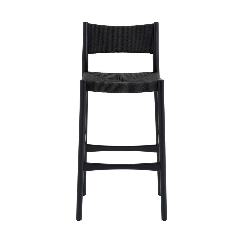 Rie Counter Stool Chair, Danish Inspired Panel Back, Black Woven Paper Cord - Benzara