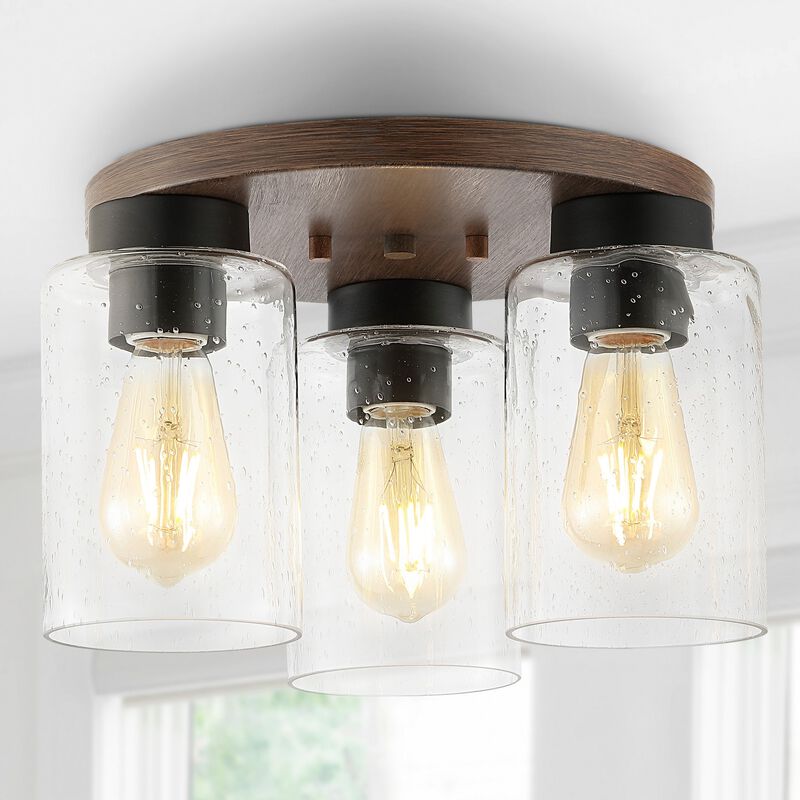 Nola 3-Light Bohemian Farmhouse Iron/Seeded Glass LED Semi Flush Mount