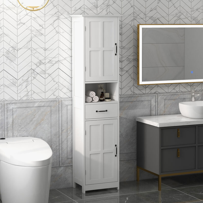 kleankin Bathroom Storage Cabinet Linen Tower with Open Shelf Drawer White