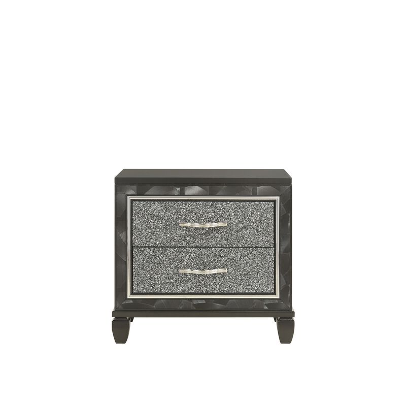 Ren 28 Inch Nightstand with 2 Glitter Front Storage Drawers, Black, Silver - Benzara