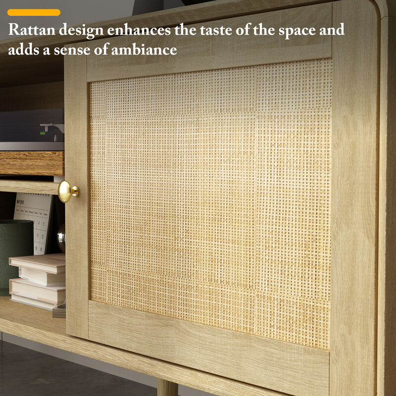 FUFU&GAGA Modern Rattan TV Stand with Storage Cabinets & Shelves, Gold Accents (70.9" W x 13.9" D x 23.2" H),Natural Wood Finish
