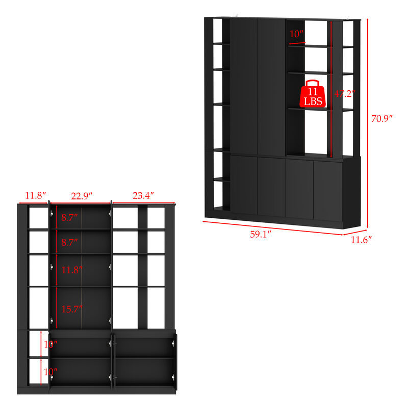 FUFU&GAGA Modern Bookcase with Open Shelves and Cabinets (59.1" W x 11.6" D x 70.9" H),Black