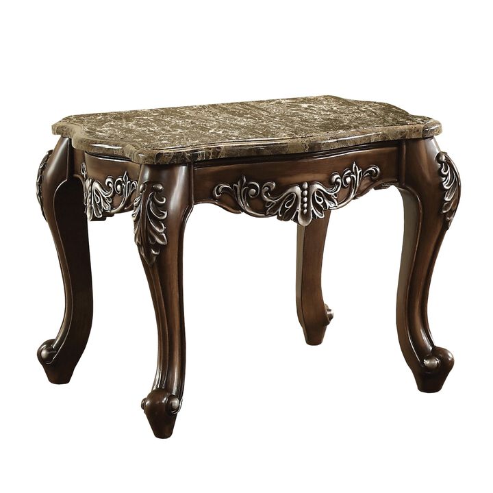 Wooden End Table with Marble Top in Antique Oak Brown-Benzara