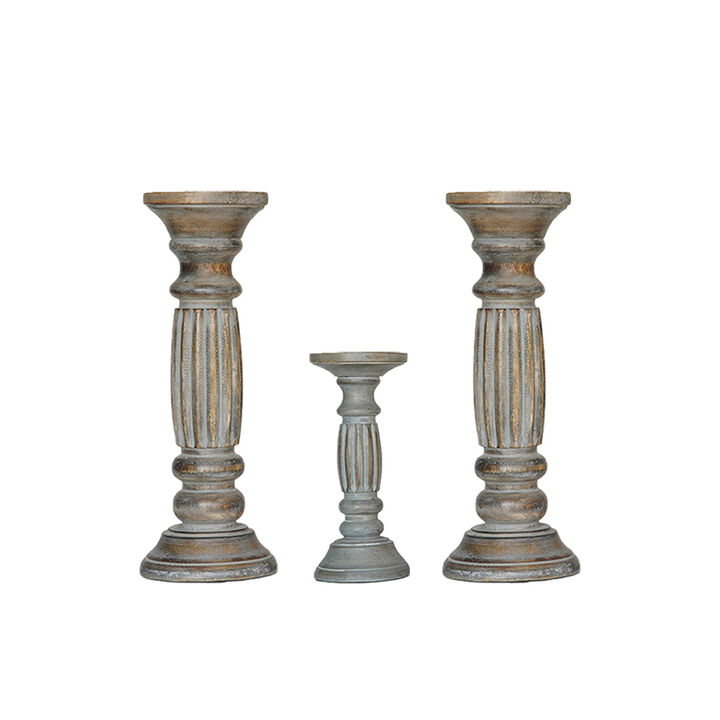Traditional Antique Dusk Eco-friendly Handmade Mango Wood Set Of Three 12",9" & 12" Pillar Candle Holder