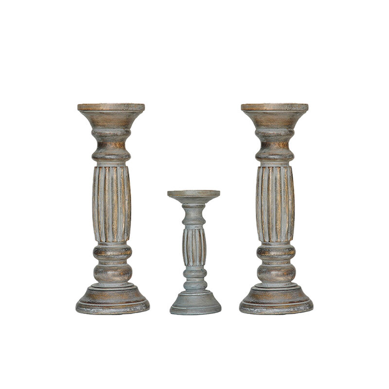 Traditional Antique Dusk Eco-friendly Handmade Mango Wood Set Of Three 12",9" & 12" Pillar Candle Holder