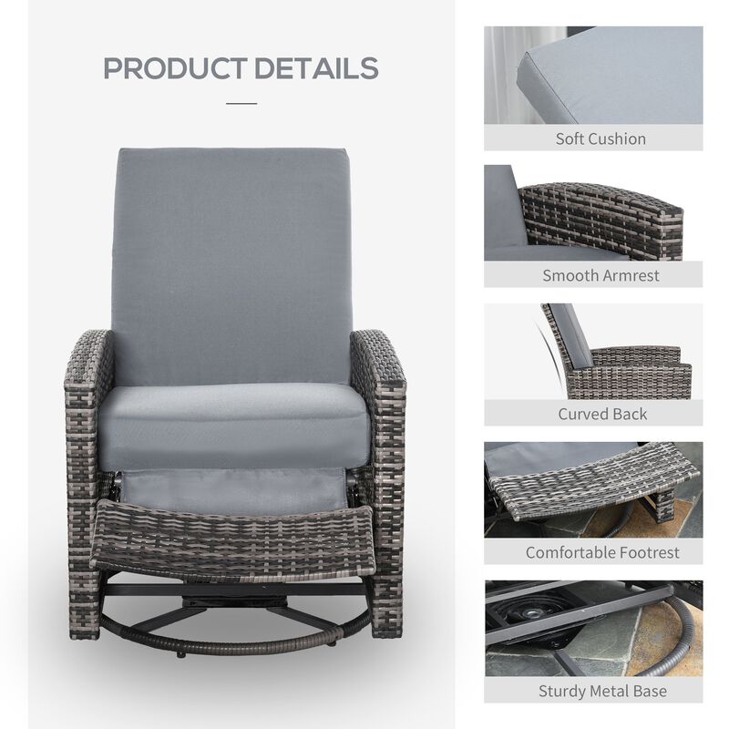 Grey Outdoor Relaxer: Patio Wicker Recliner Swivel Chair with Footrest