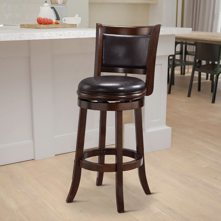 Pal 29 Inch Swivel Bar Stool, Solid Wood, Rich Faux Leather, Espresso Brown - Benzara
