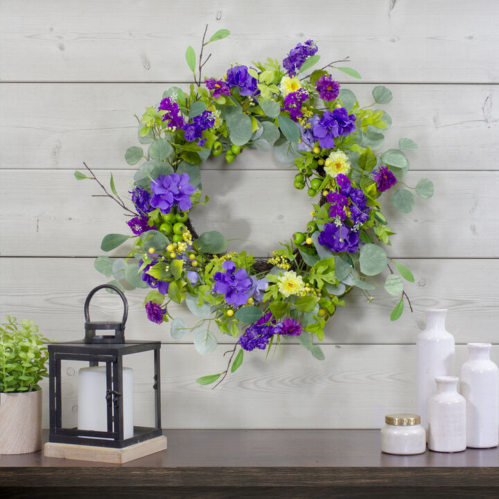 Eucalyptus and Hydrangea Floral Berry Spring Wreath  Purple and Yellow 23"