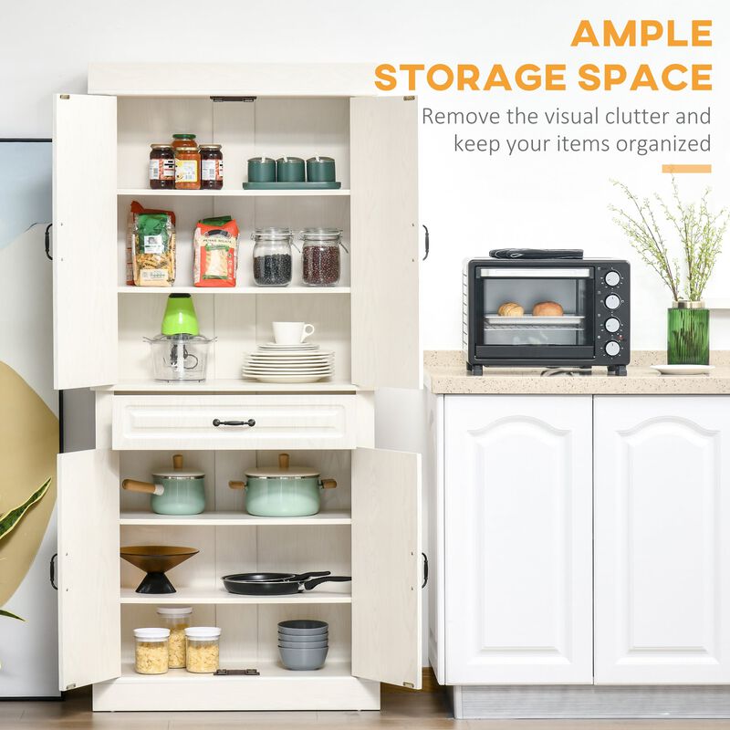 White Kitchen Pantry: 71" Tall Cabinet with 4 Doors and Drawer