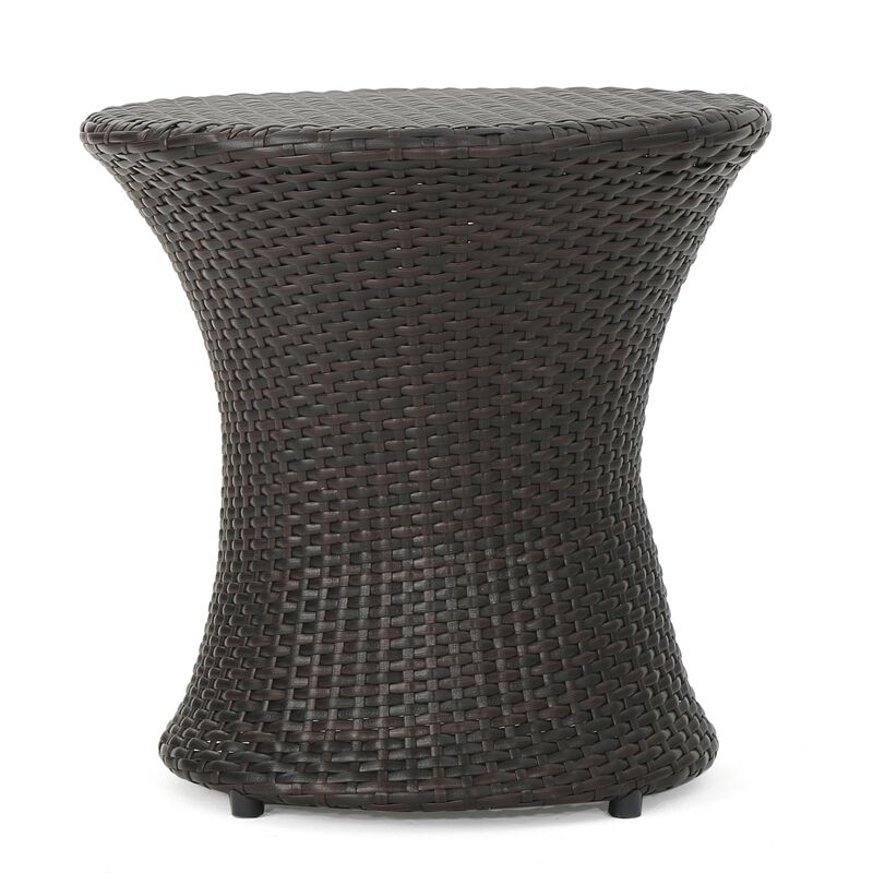 Loco Outdoor Side Table, Hourglass Shape 20 Inch Brown Rattan Wicker - Benzara