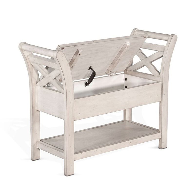 Sime 36 Inch Accent Bench, X-Panel and Storage, Ivory White Mahogany - Benzara