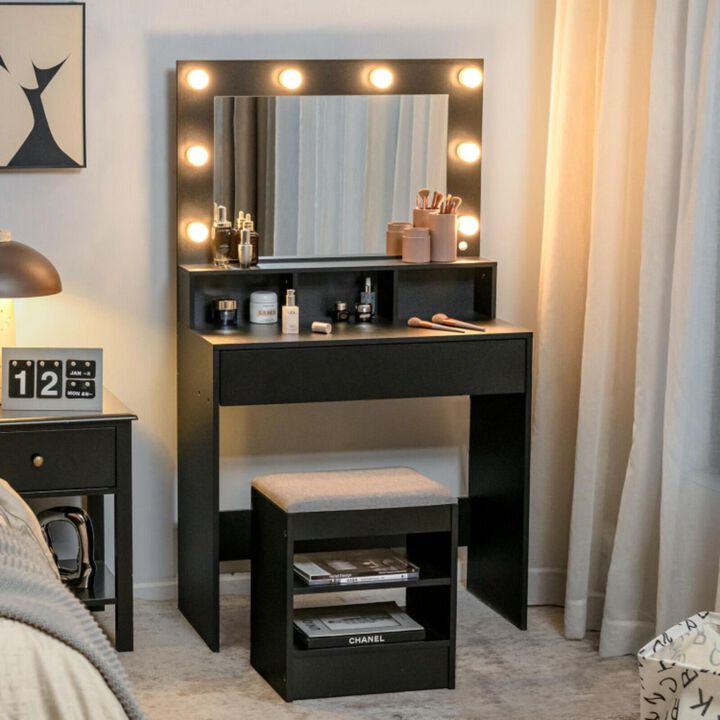 Hivvago Vanity Table Set with Lighted Mirror and Cushion Stool-Black