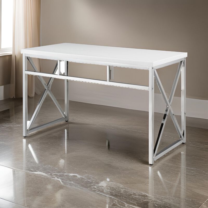 Gracie 47 Inch Desk, White Rectangular Top, Metal Legs in Chrome Finish - Benzara