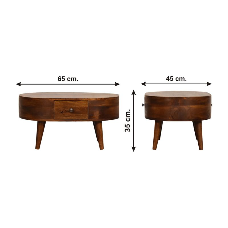 Mini Chestnut Rounded Solid Wood 1 Drawer  Coffee Table