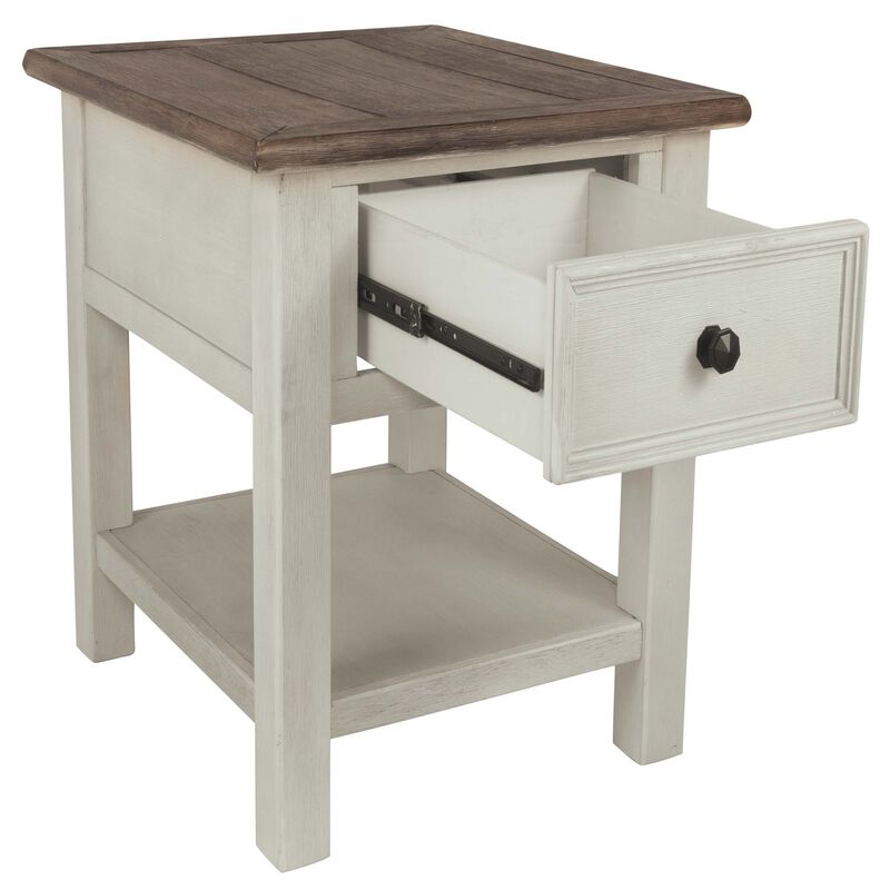 Chair Side End Table with 1 Cabinet and Pull Out Tray, White and Brown-Benzara