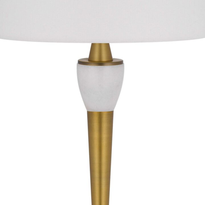 31 Inch Table Lamp with White Drum Shade, Clear Crystal Base, Brass Finish - Benzara