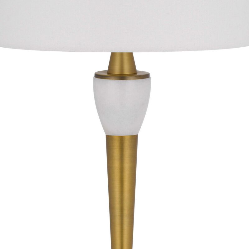 31 Inch Table Lamp with White Drum Shade, Clear Crystal Base, Brass Finish - Benzara