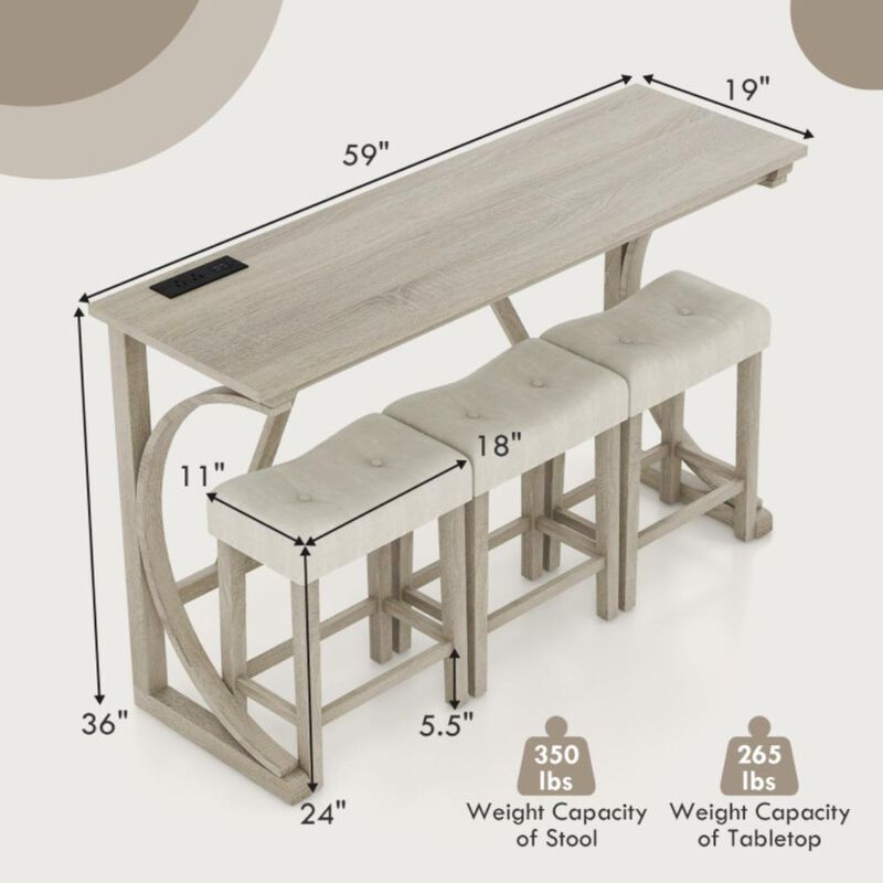 Hivvago 4-Piece Bar Table Set with Power Outlet and Upholstered Saddle Seat Stools