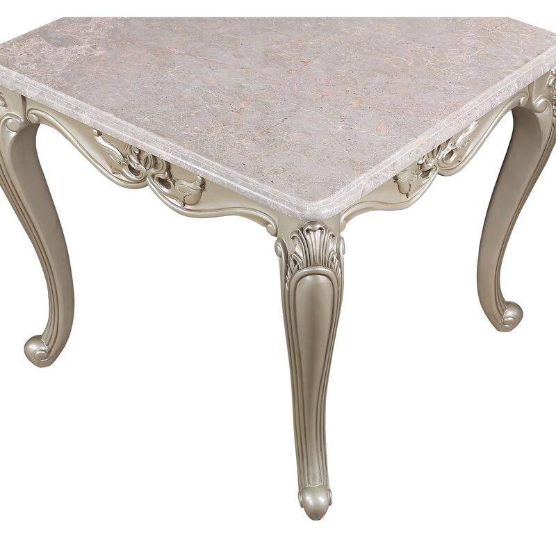 Kerra Side End Table, Beige Marble, Classic Carved Champagne 28 Inch - Benzara
