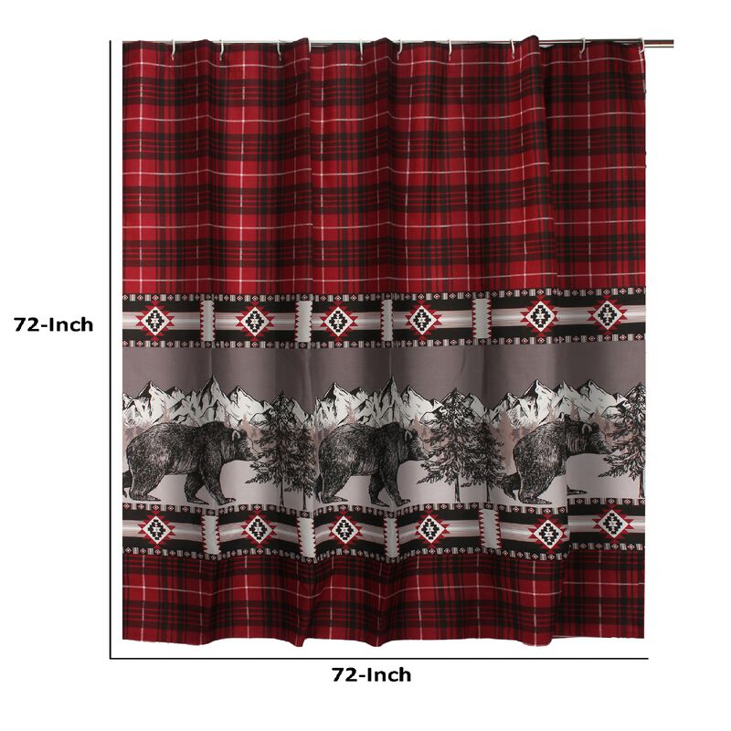 Sofia 72 Inch Bear Shower Curtain, Red and Black Plaid, Poly Microfiber-Benzara
