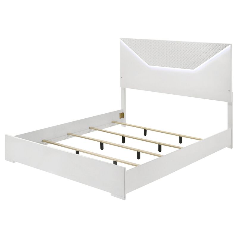 Ivon King Bed, 3D Embossed LED Headboard, Glossy White Solid Wood - Benzara